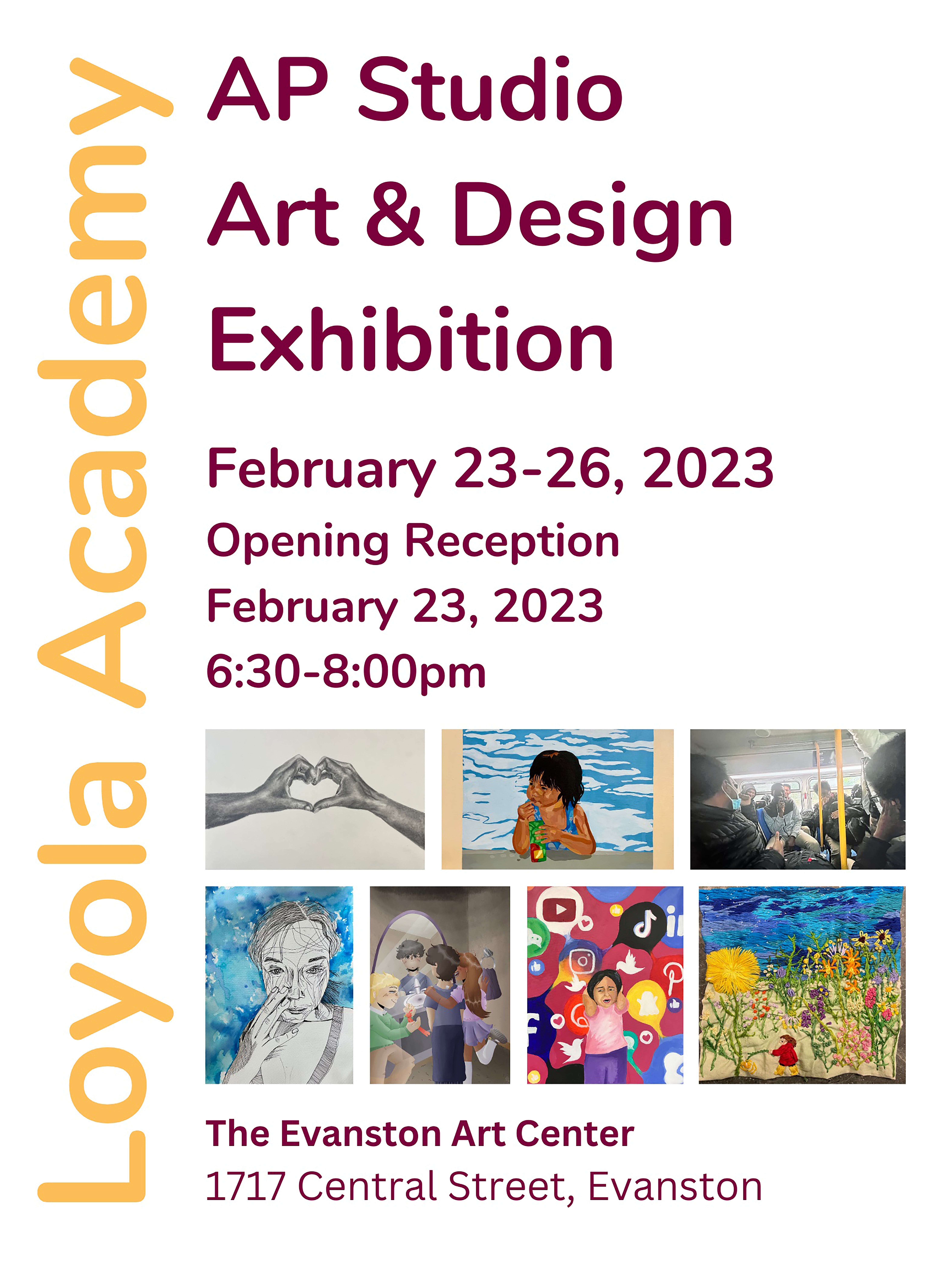 Flyer for Loyola Academy AP Studio Art Design Exhibition, featuring images of student work