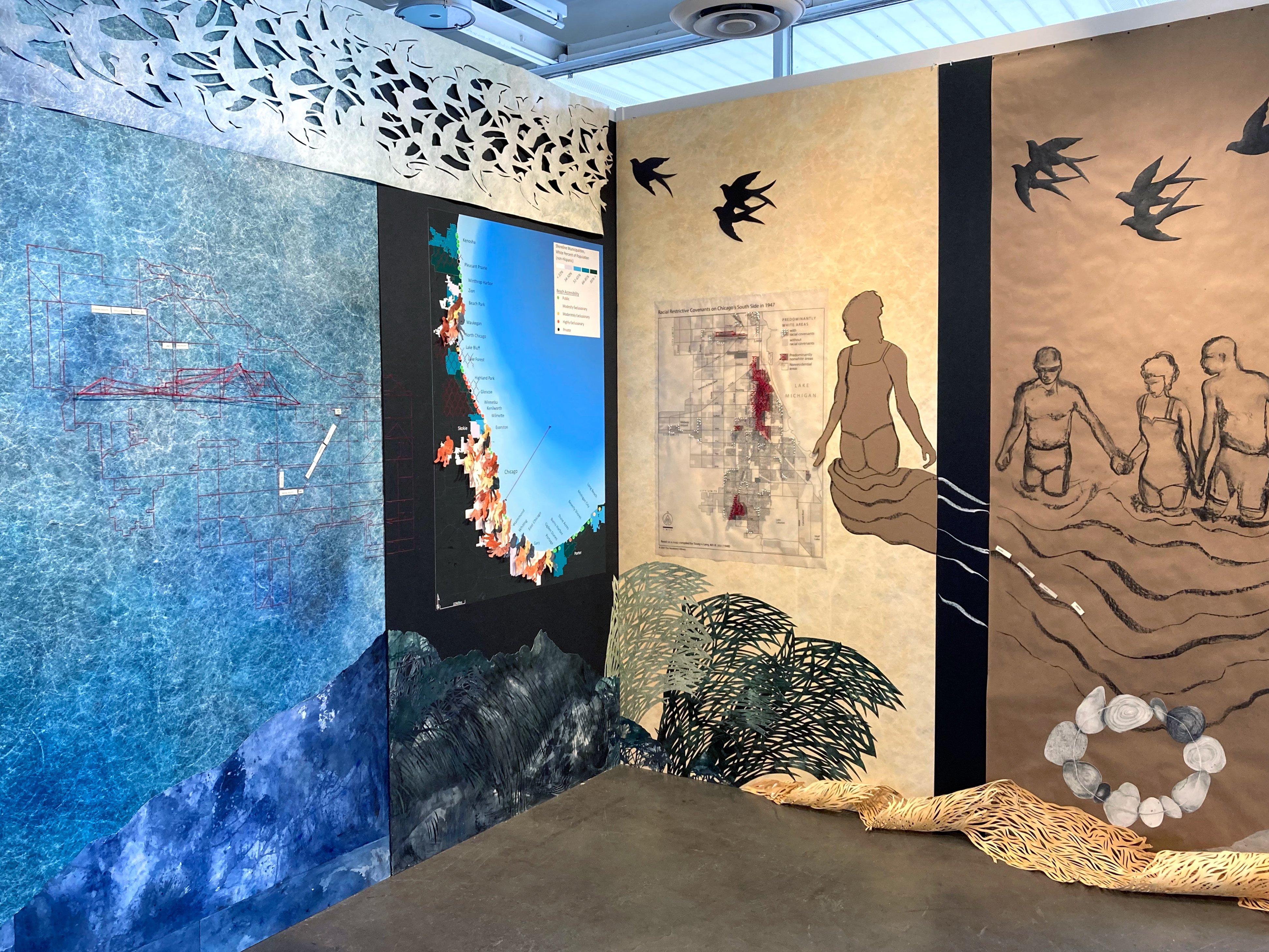 Installation photograph of "Right to the Shoreline" by Sonja Henderson and Cynthia Weiss, at the Evanston Art Center