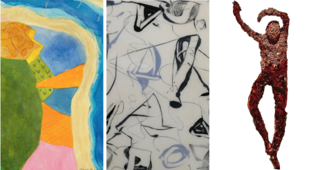 Artmakers North: The Artist's Voice exhibition header, featuring Sally Wille, "Drone Series (with love) IX (detail)"; Michele Thrane, "Waves (detail)", 2019; Ann Rosen, "Shredded Memories"