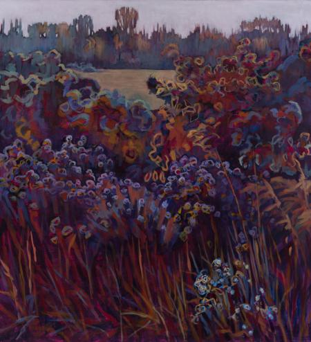 landscape, tall purple and red fauna are in the foreground