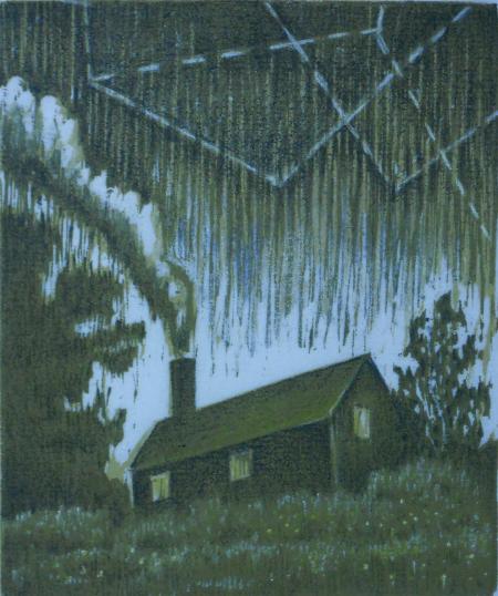 print of a house and surrounding nature 