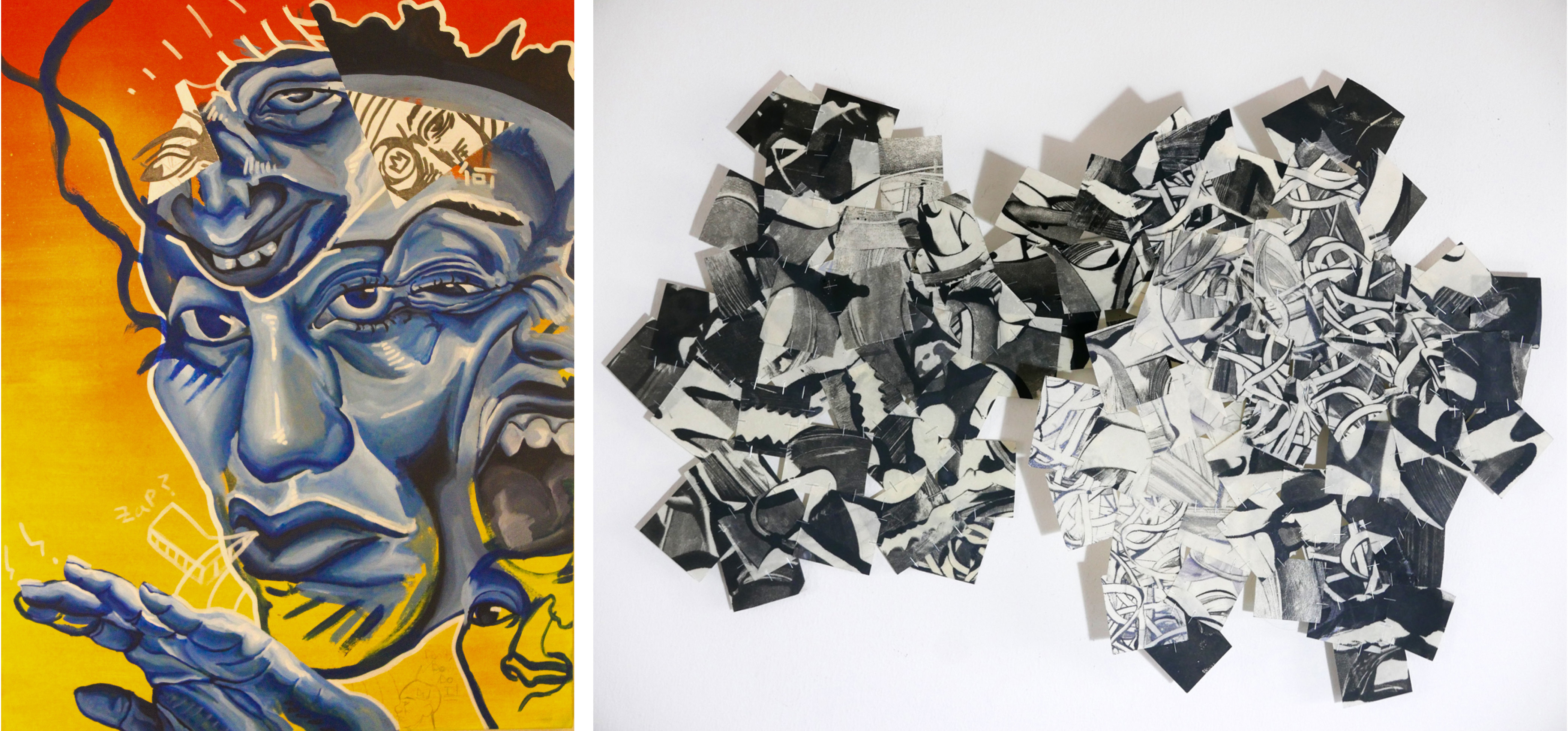 Header image for Trotter Alexander and Michele Thrane exhibition, featuring "When The Blue People Come" by Alexander on the left and "Axion Clouds #2" by Michele Thrane