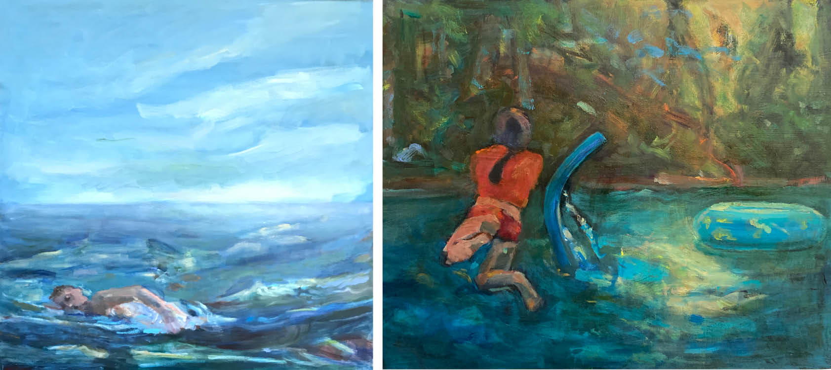 Exhibition header image featuring two flowing, serene oil paintings of swimmers by Barbara Curtis