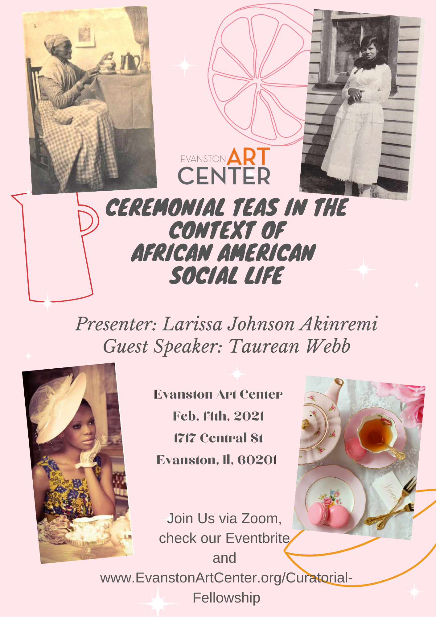 Invitation with pink background and images of three African American women and a pink and white tea set