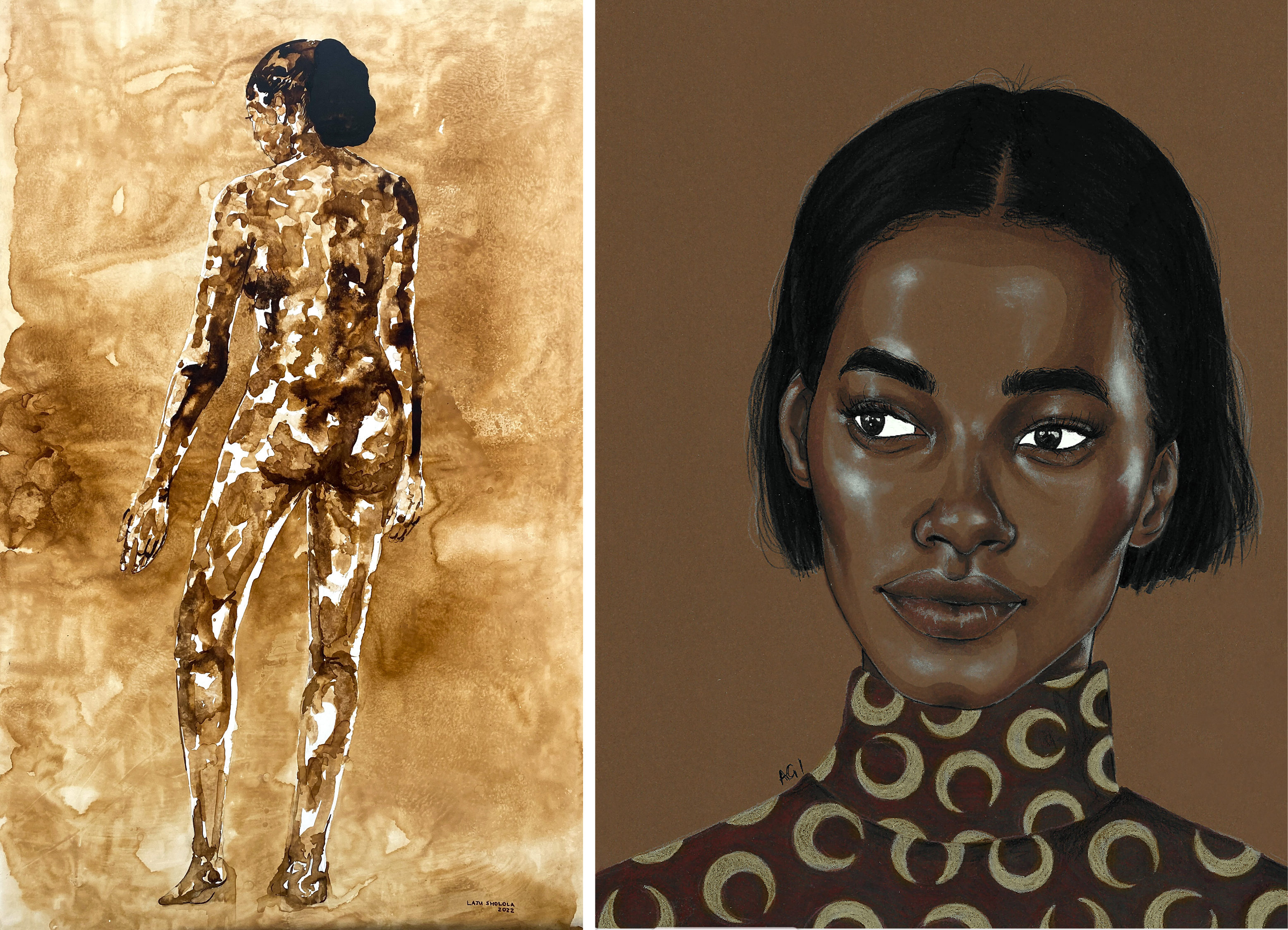 Exhibition header image featuring two artworks: Laju Sholola, "The Search", 2022; Ojo Agi, "Untitled (Bob)", 2020