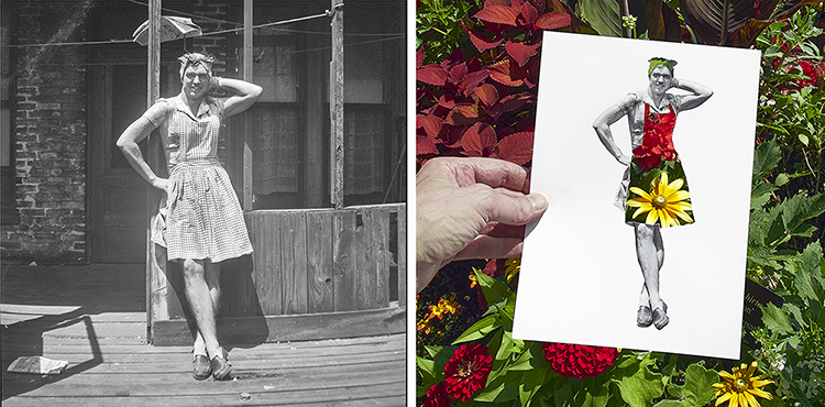 diptych of vintage black and white photo next to a collaged photo of the same person wearing a dressing, standing and posing