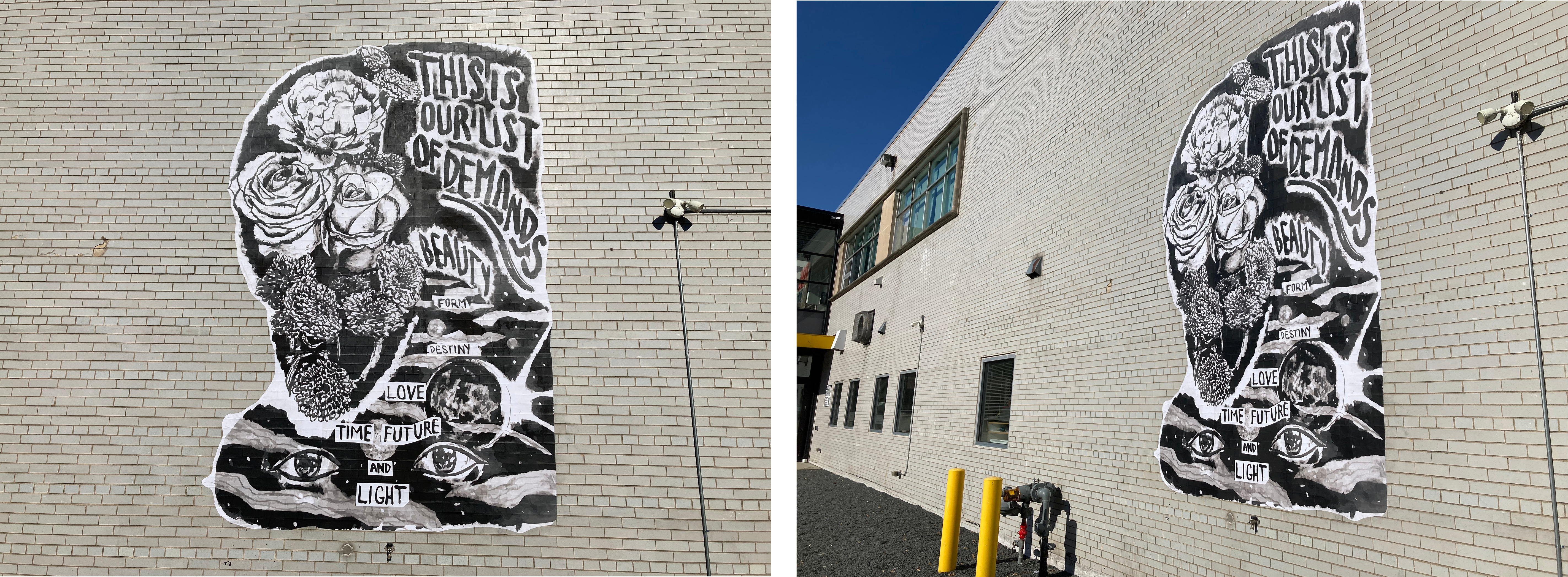 Installation images of Damon Locks' wheat paste design, "List of Demands"