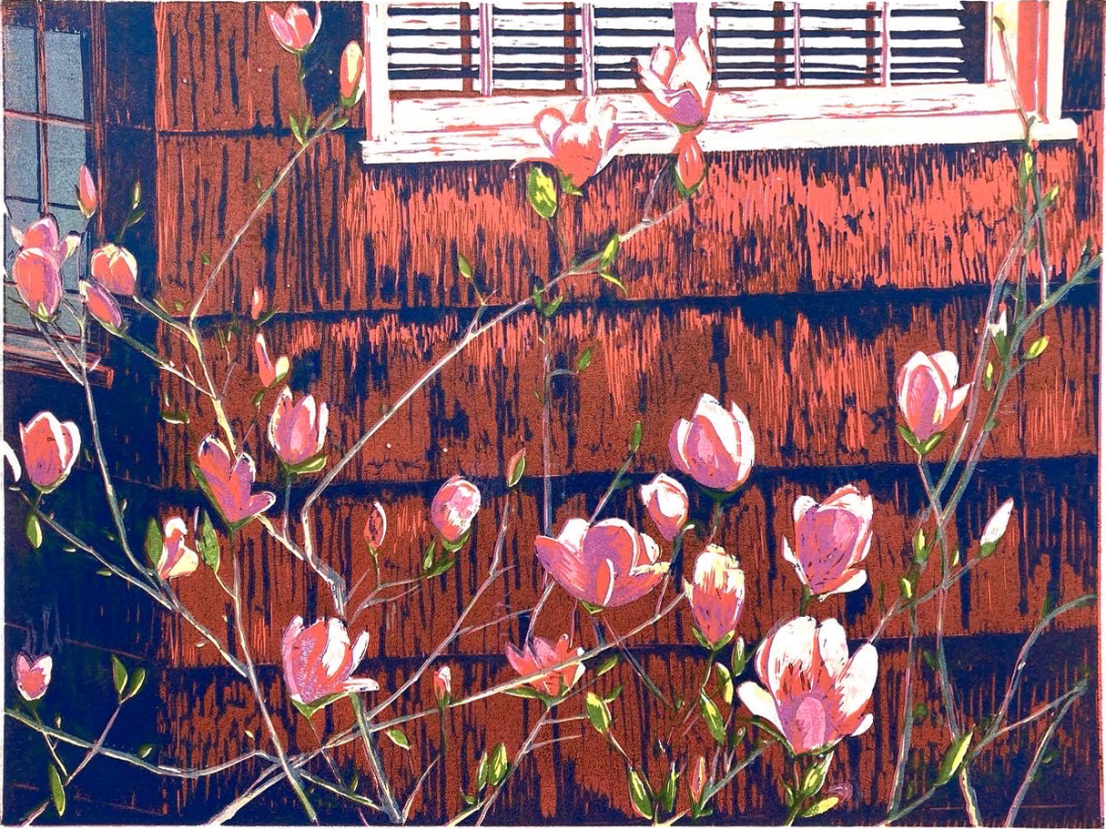 Image of Debra Favre's Berkeley Magnolias 11 color wood cut relief print, 2022