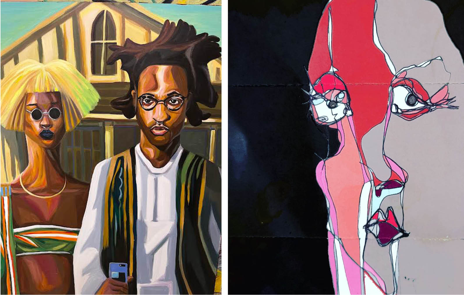 Exhibition header featuring homage to "American Gothic" featuring black figures by Sam Onche, and an abstracted pink and brown bust painting by Sholo Beverly
