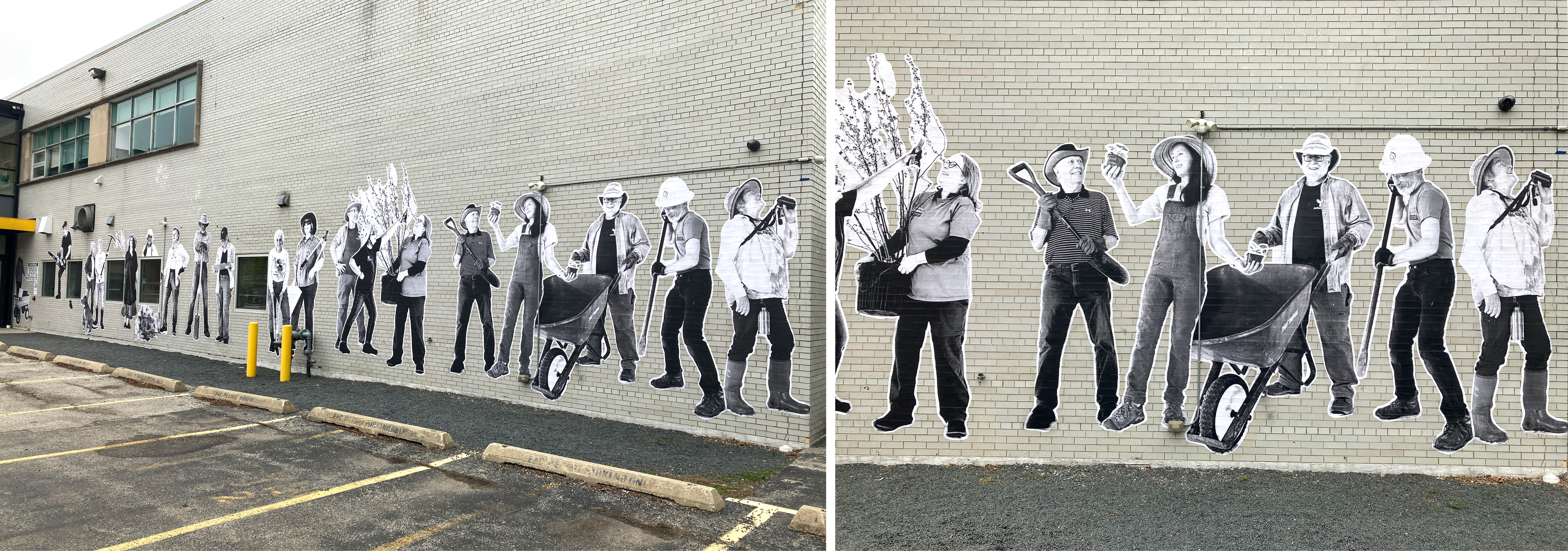 Installation detail shot showing black and white wheat paste portraits of eager and excited invasive buckthorn removal volunteers, as part of Holly Greenberg's "Ask Me About Buckthorn" installation