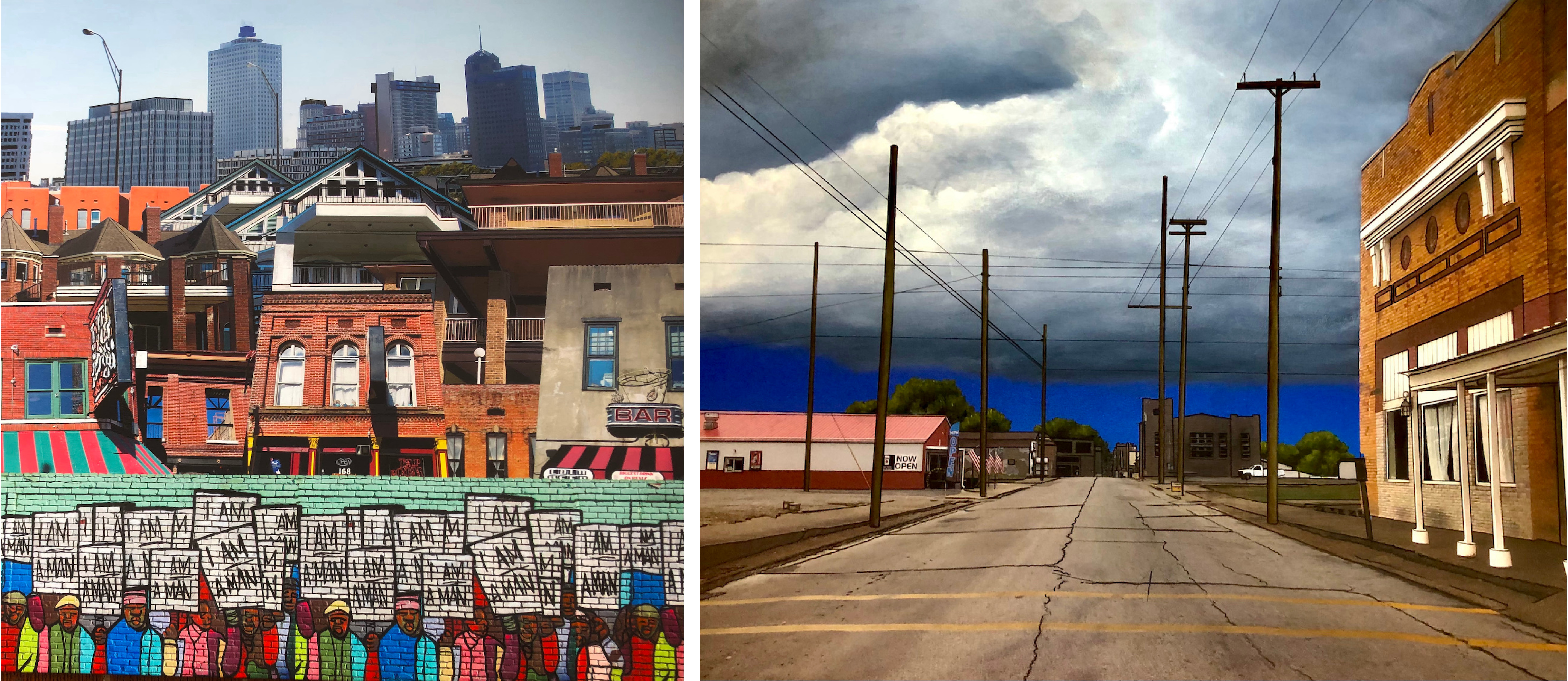 Exhibition header featuring bright and gritty collaged photograph and oil painting urban landscapes by Jacqueline Moses.