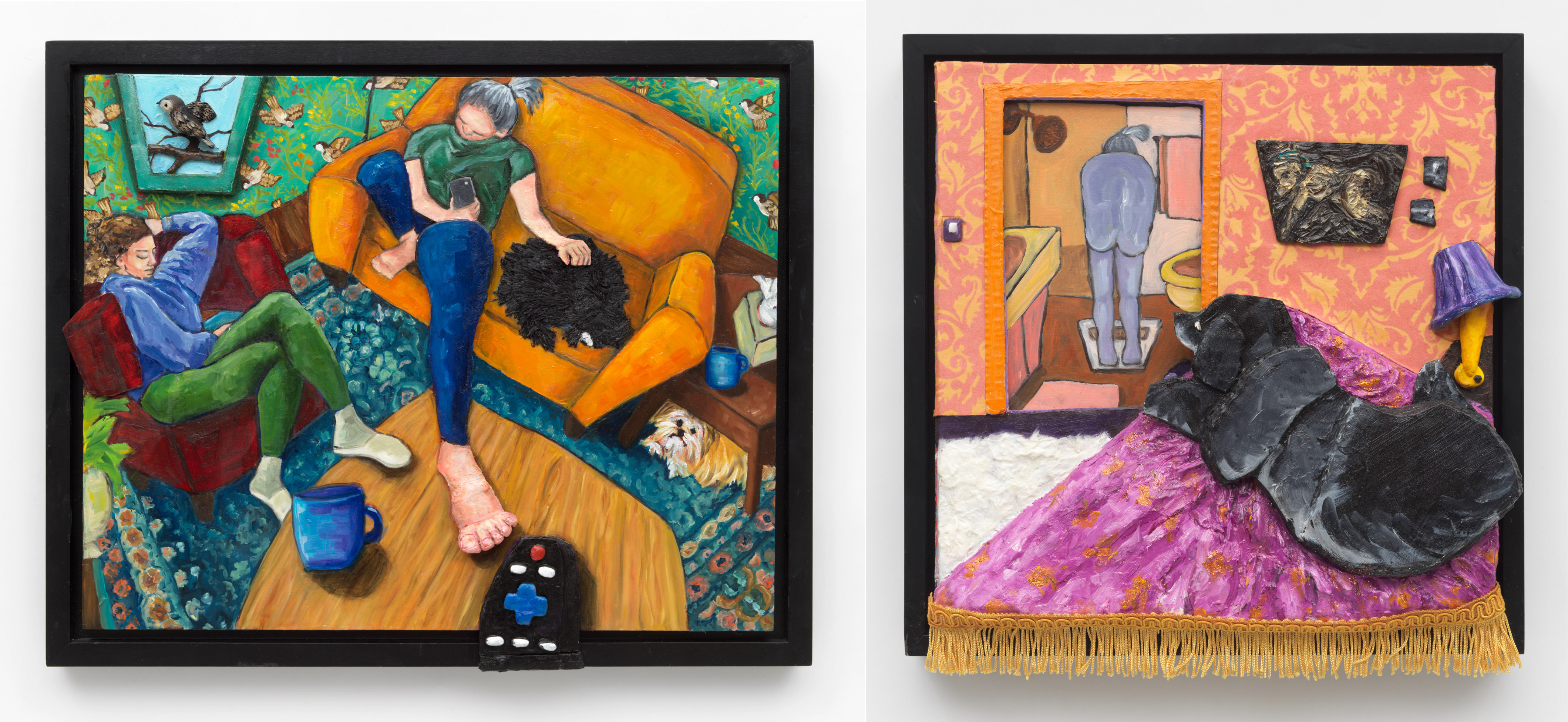 Exhibition header image featuring works by Kathy Halper: at left, "Mother & Daughter"; at right, "Weigh In"