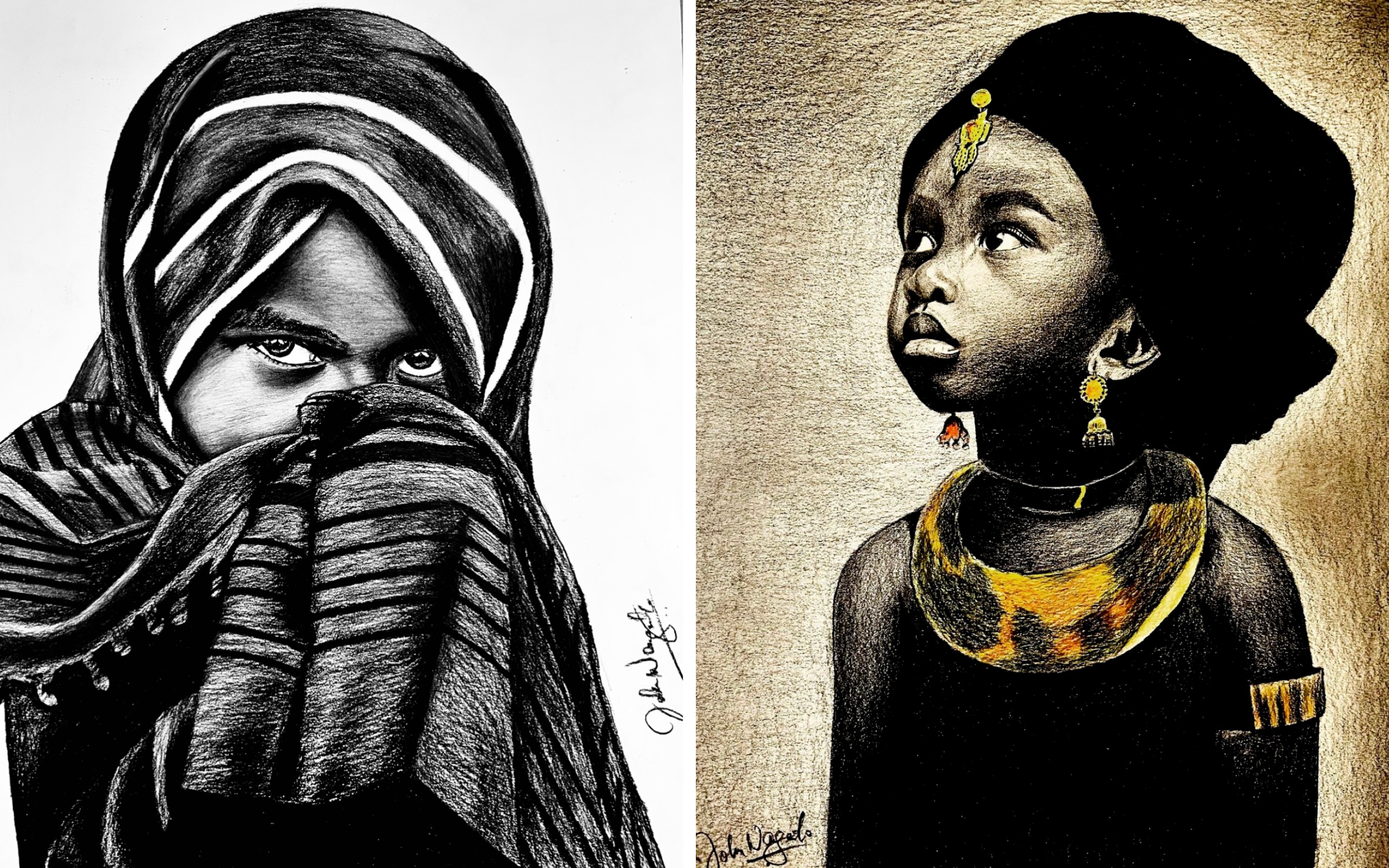 Header image for NAACP Exhibition 2023, featuring two pencil portraits of African Children in traditional clothing by John Wangendo