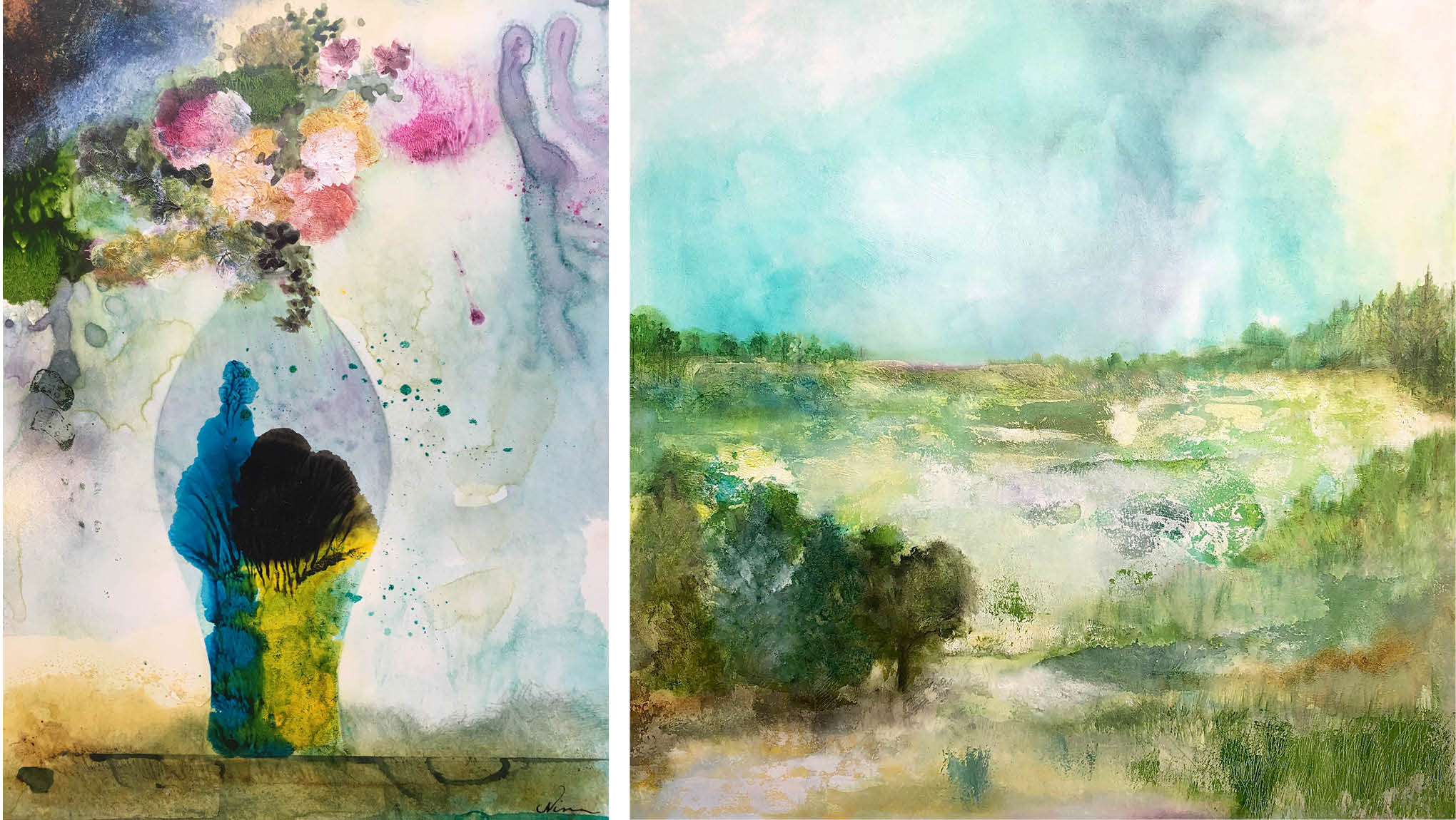 Exhibition graphic featuring two flowing watercolor and ink works by Nina Irwin