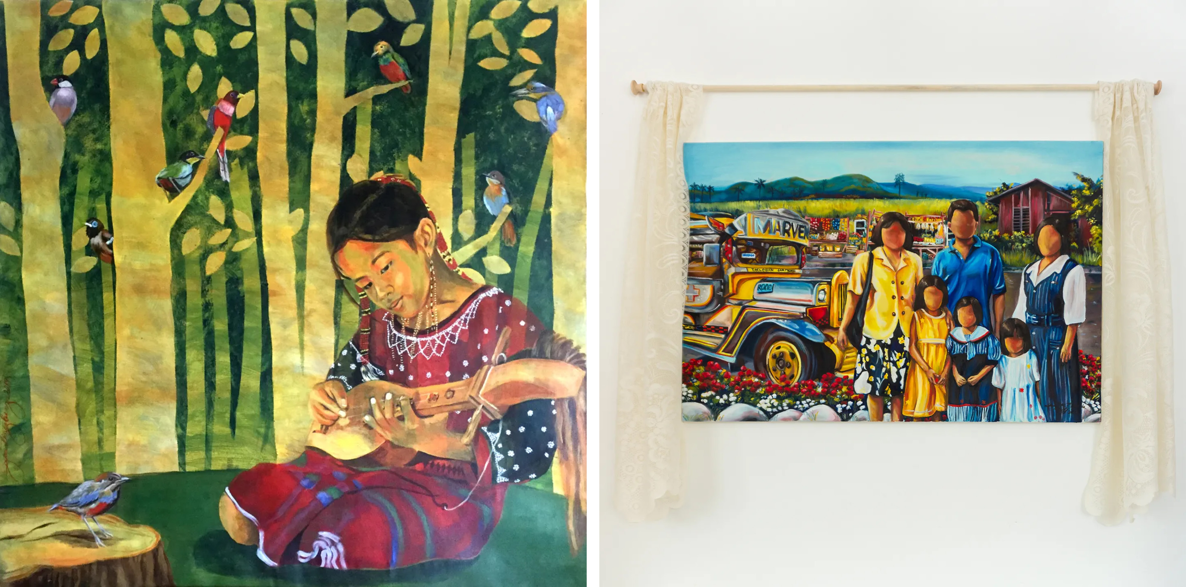 Web header image for "Sinag: Ray Of Light" exhibition, featuring two works (L to R): Geraldine Martinez Benz, "Huni"; Jessa Mendiola Mestiza, "The Life"