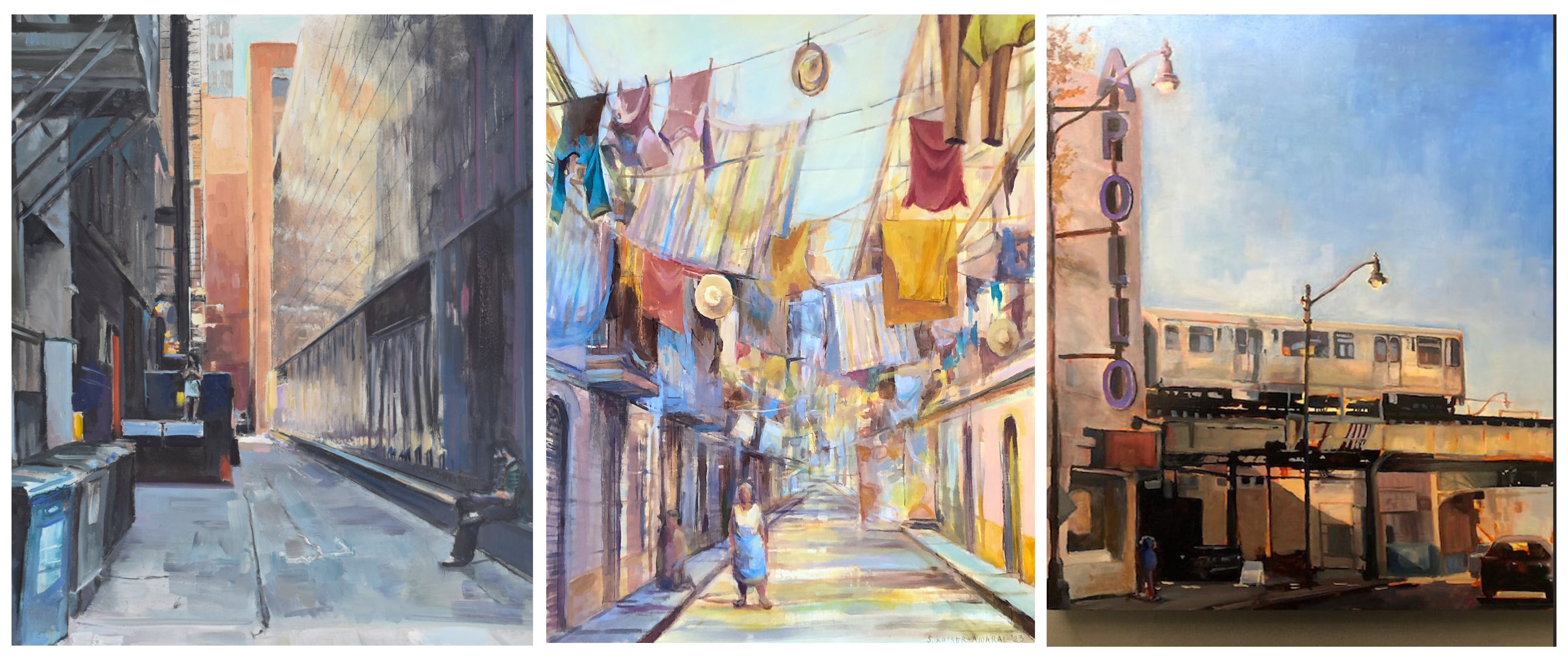 Three paintings: Left most of and alley, middle o street view of Barcelona, Right most a blue sky and the Apollo theater sign
