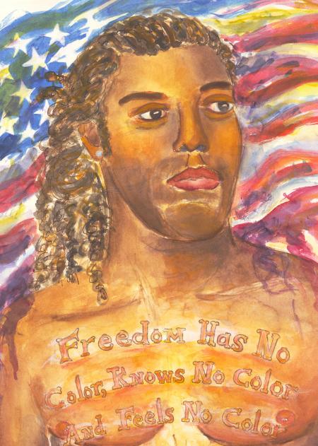 portrait of a man with the American flag in the background