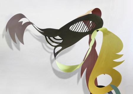 NEWS highlight image: Adria Arch, "Interference", 2019. A swirling collage of colorful, organic shapes hanging above a neutral background.