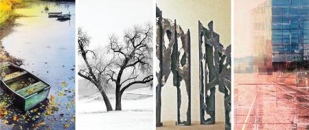 Sandra Cedrins, "Autumn at the Pond", 2022; Rick Katz, "Bare Tree in Summer", 2021; Eric H. Steele, "Chancel Shadows", 2020; Diana Leviton Gondek, "Connection", 2021.