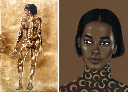 "Découverte: Her Diasporan Chronicles of Self Discovery" exhibition image featuring two portraits of young, black women in warm brown tones:  Laju Sholola, "The Search", 2022; Ojo Agi, "Untitled (Bob)", 2020