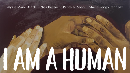 I AM A HUMAN Exhibition header image, with painting by Niaz Kausar