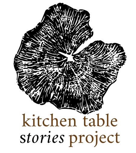 Logo Image for the Kitchen Table Stories Project, displaying a block print of the rings of a natural tree stump table. Image by Melissa Raman Molitor