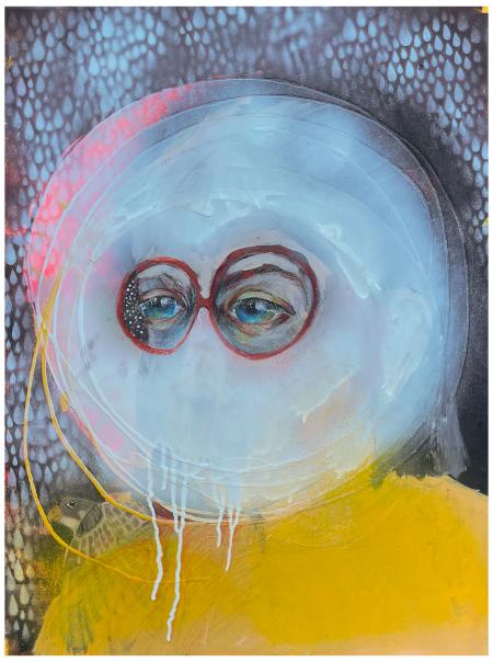 abstract painting of a face wearing glasses by Amy Hanks