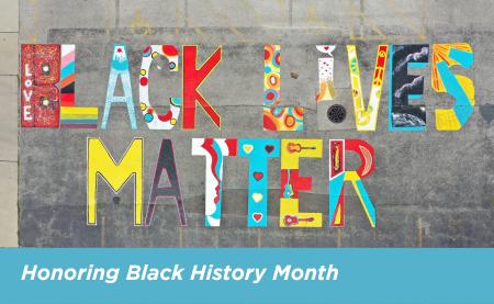 NEWS Header Image: Aerial photograph of the EAC's "Black Lives Matter Mural", with an overplayed text box, "Honoring Black History Month"