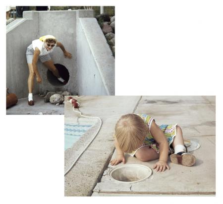 two photographs staggered, on the left a woman climbing out of a hole, and on the right a child peering into a hole