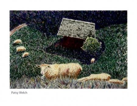 painting of a landscape with a cow and a building
