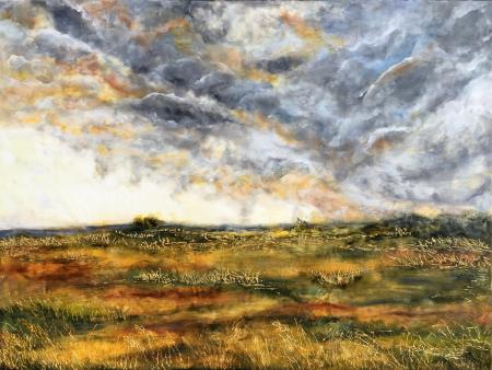 painting of a landscape with bright sun, clouds, and green grass